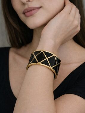 Gold & Black Enamel Cuff Bracelet – Geometric Luxe